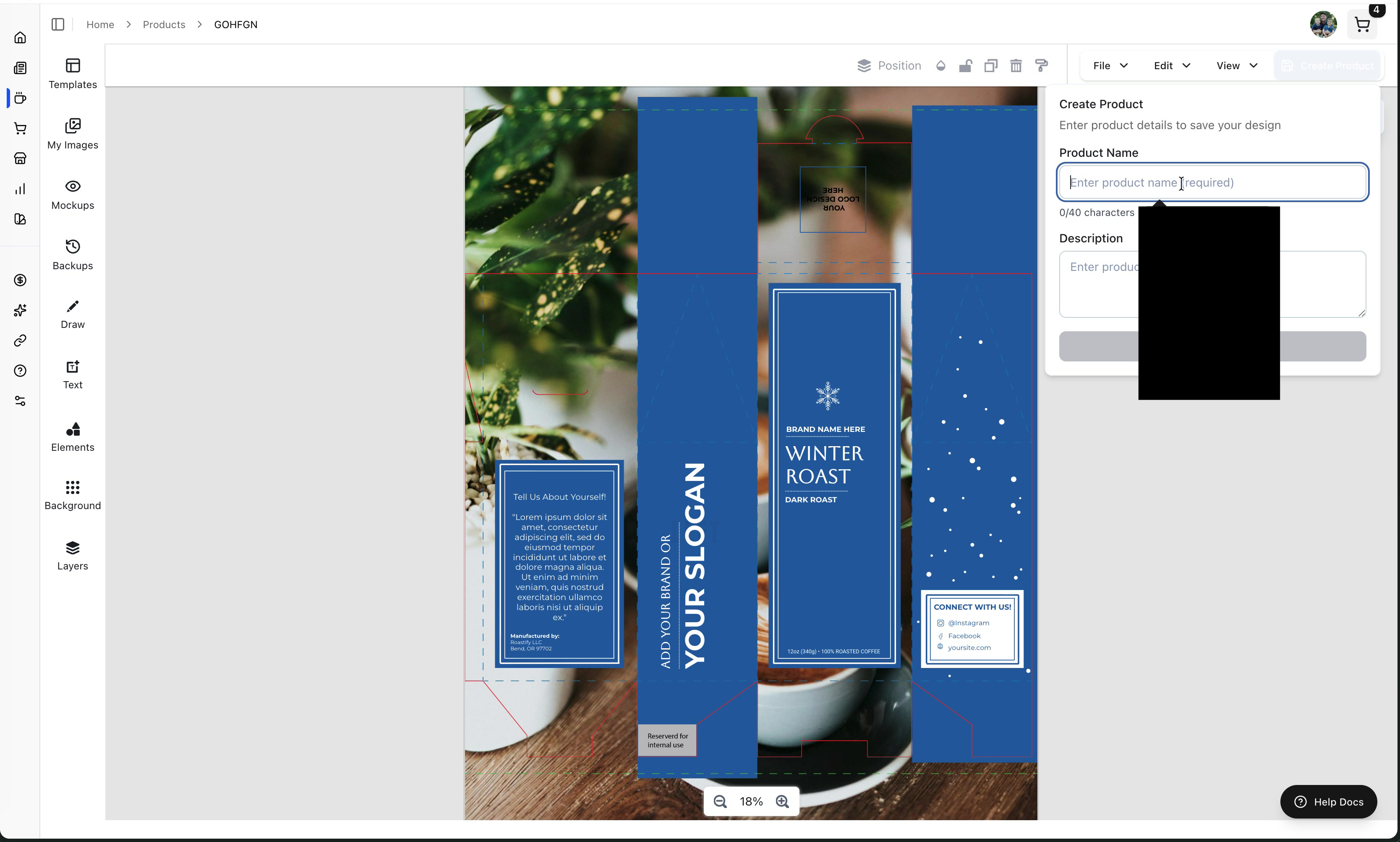 Create product dialog