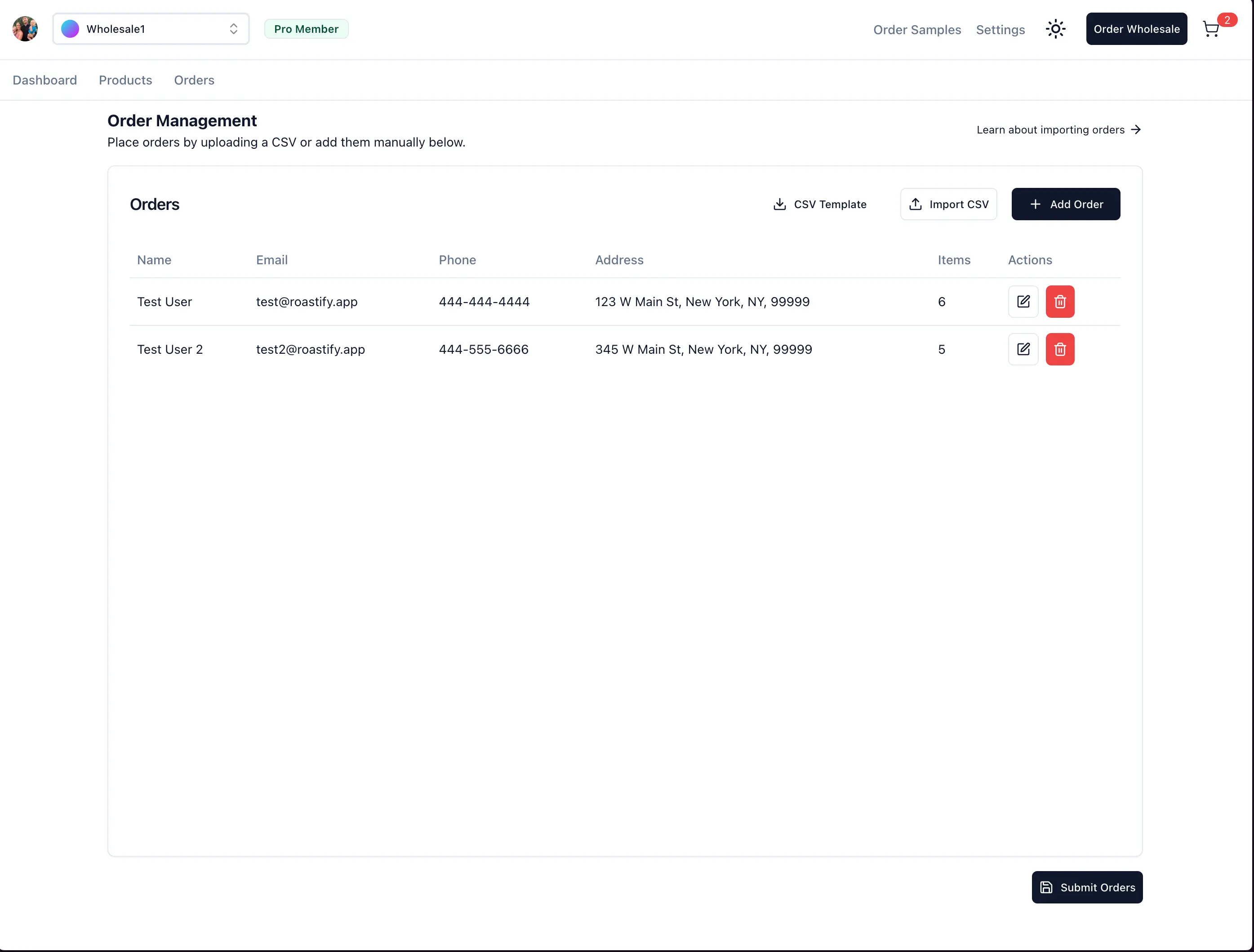 Order management screen