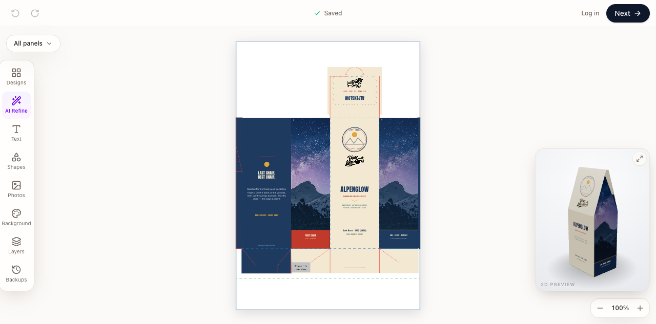 Flat Alpenglow package design beside its assembled 3D preview